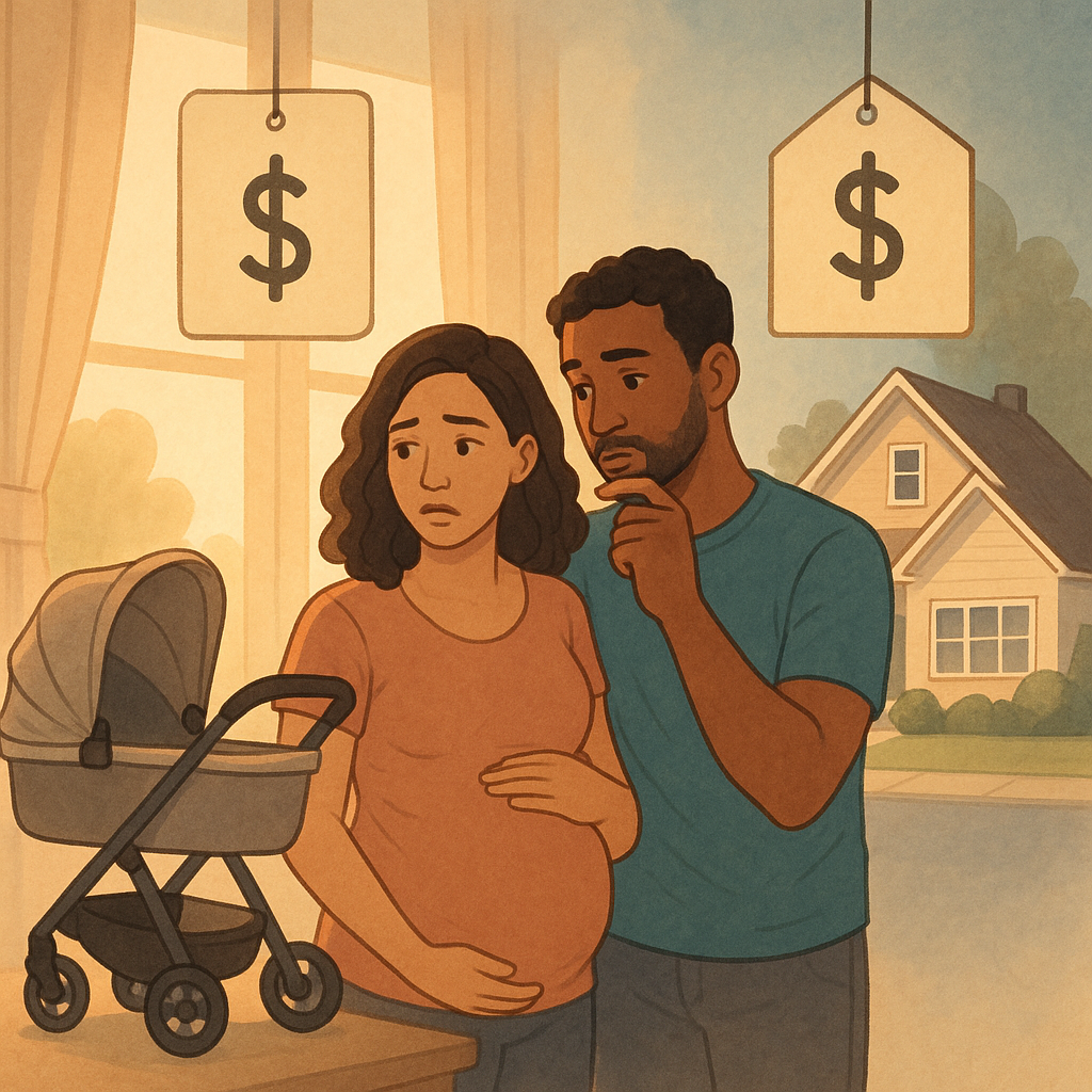 Expecting couple thinking about the prices of a stroller and a new home.