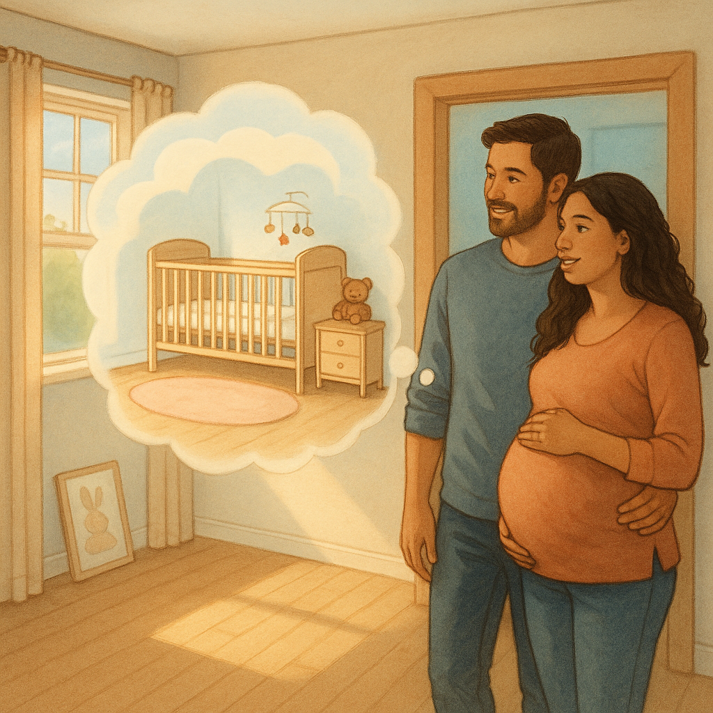 An expecting couple imagining a baby nursery in the spare room.