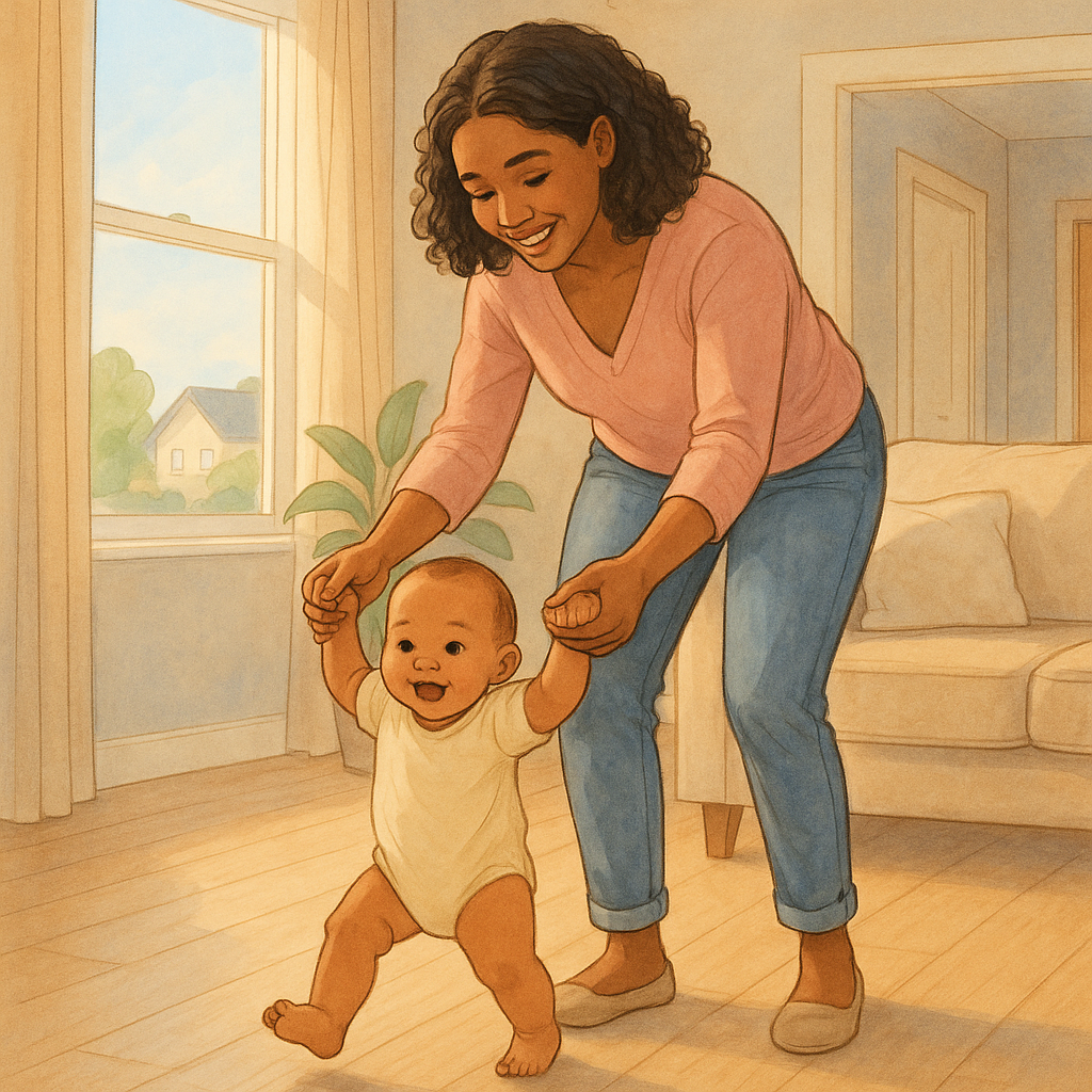 A mom holding her baby's hands while they take their first steps inside the home.