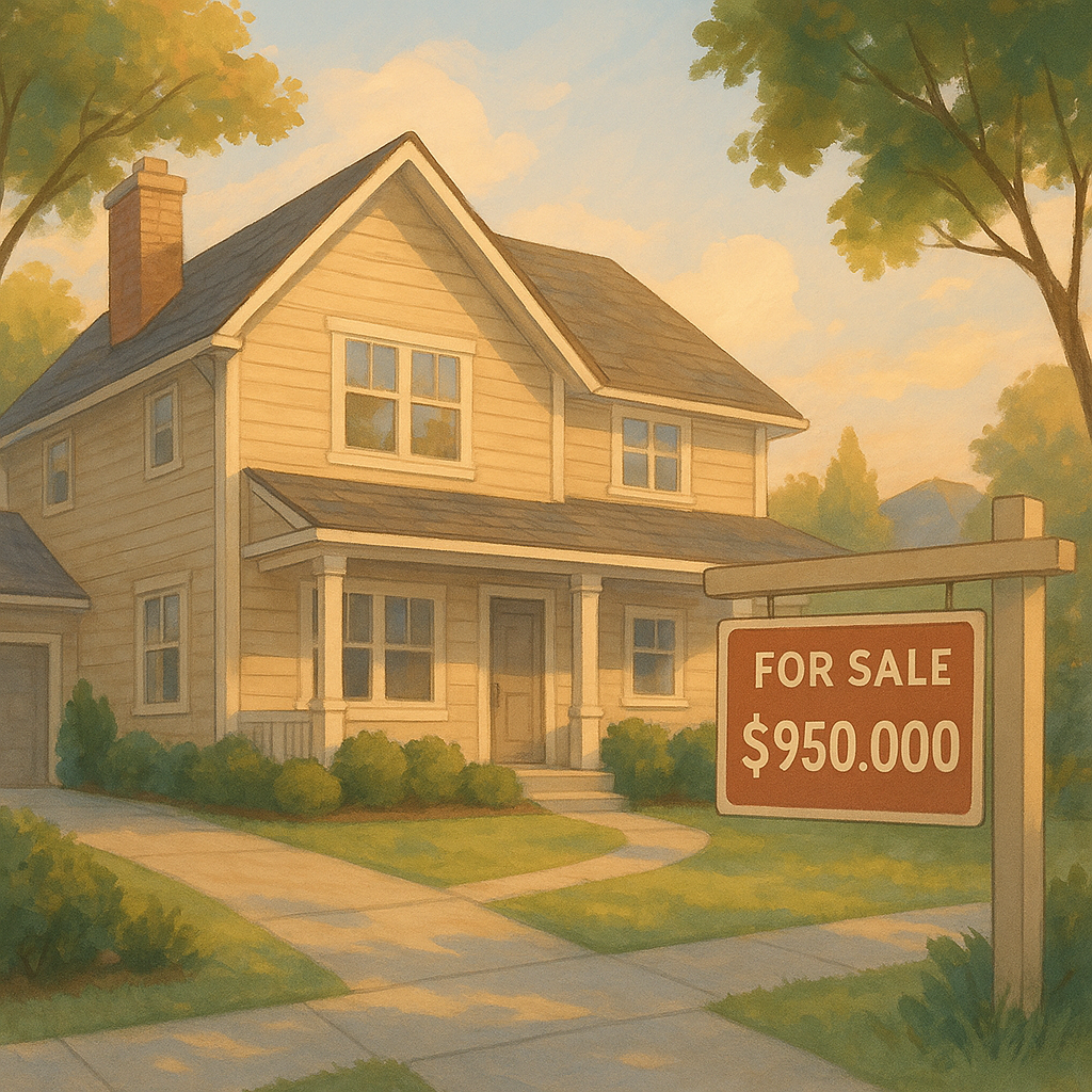 A house with a for sale sign and a price of $950,000