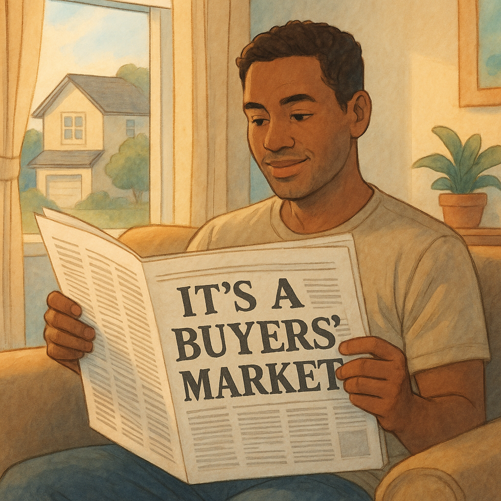 Person reading a newspaper with the headline " It's A Buyers Market"