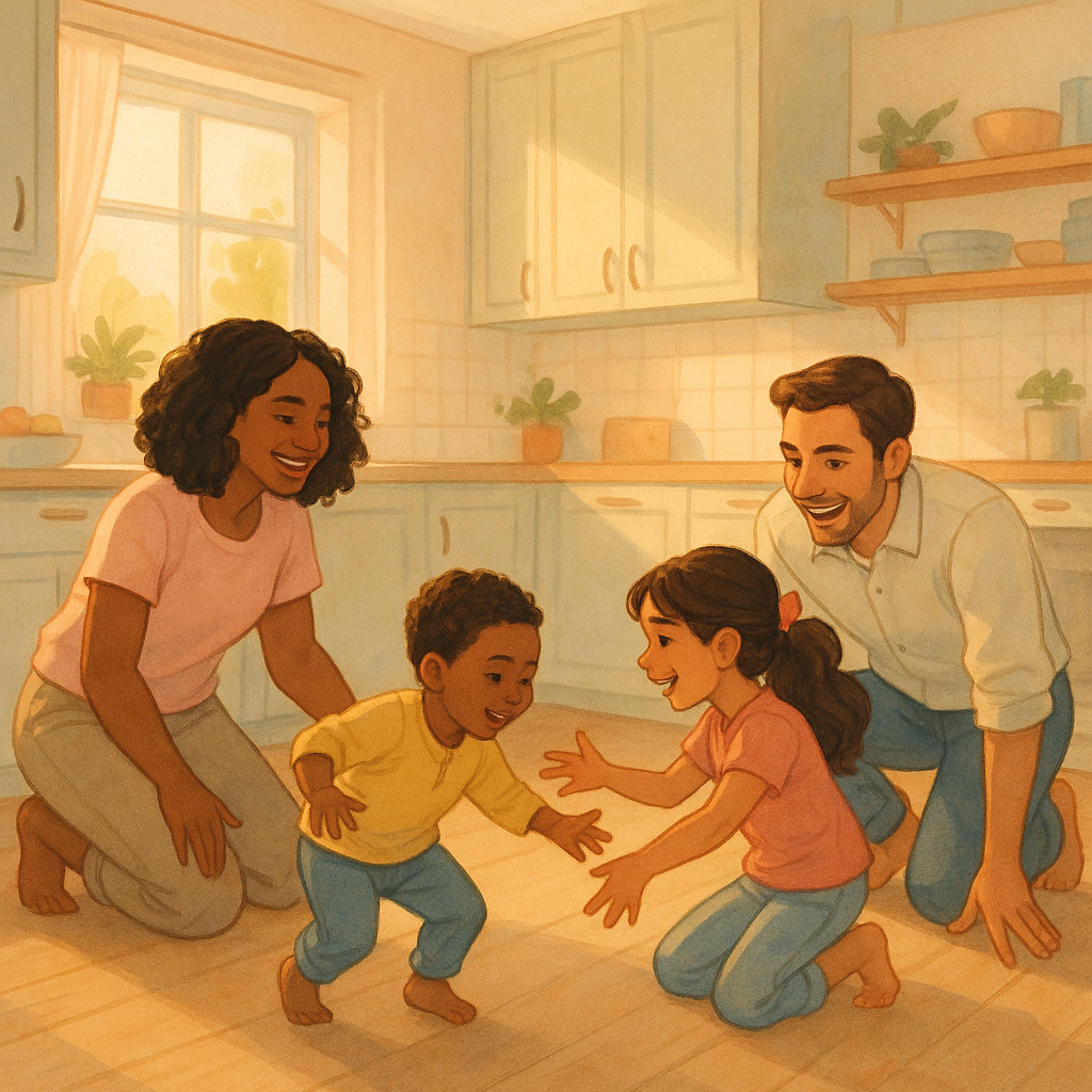 A family playing in the kitchen.