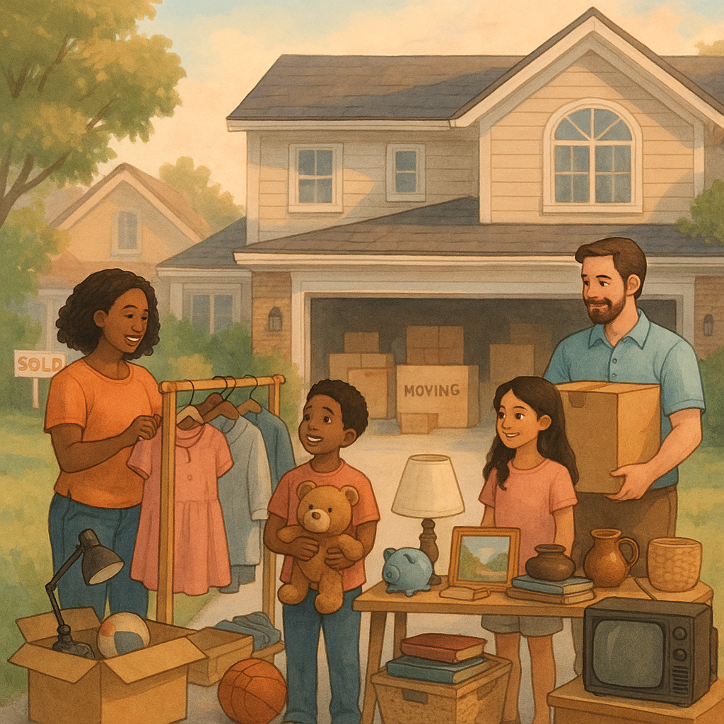 A family having a garage sale when they are moving.