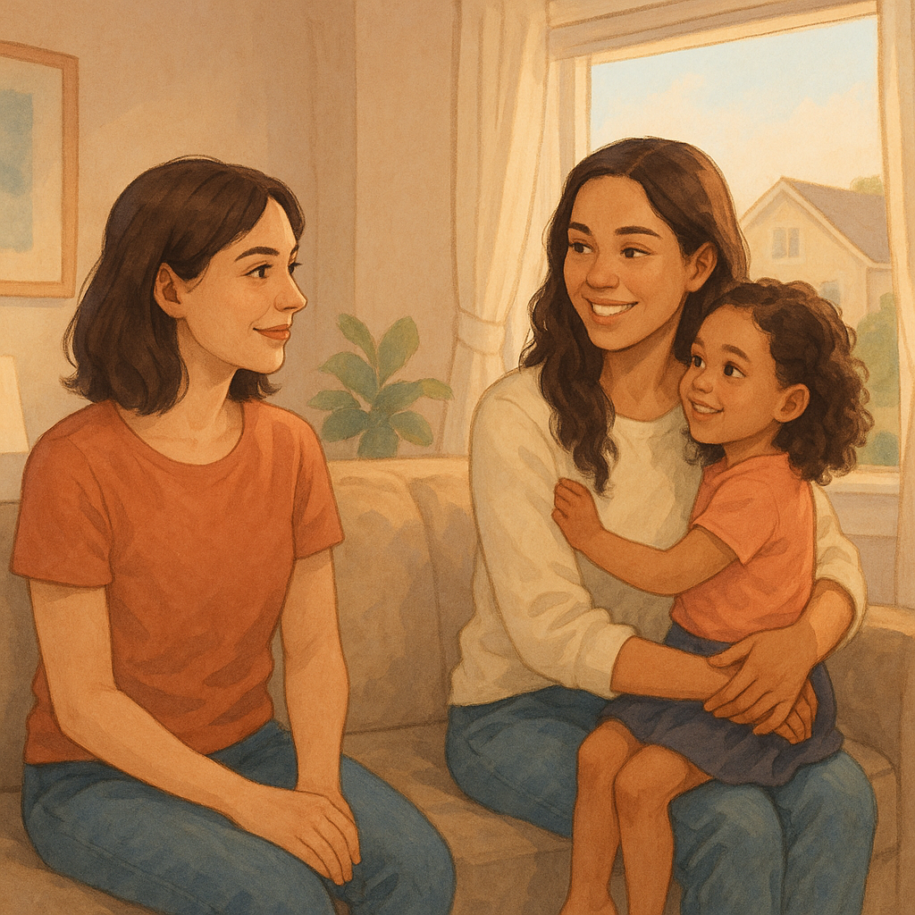 Two sisters sitting on a couch with a child in one of their laps.