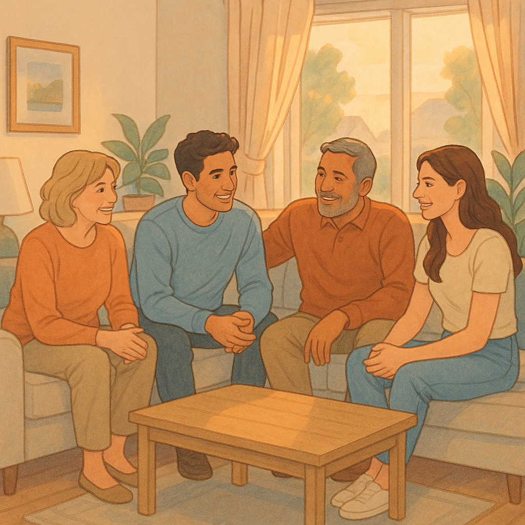 A family gathering in the living room.