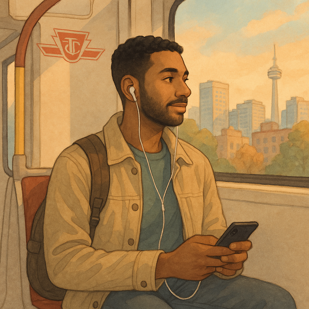 A man riding the Toronto transit bus with the CN Tower in the background. 