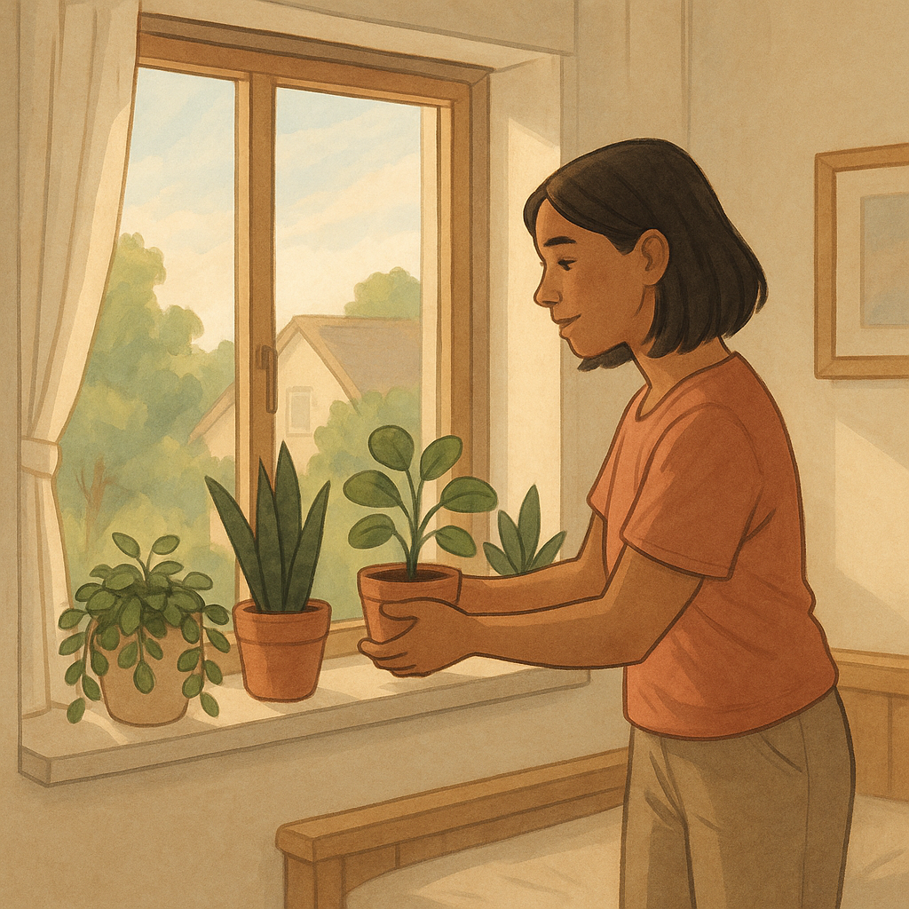 A woman placing a plant by the window.