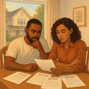 How to Negotiate the Terms of Your Home Sale in Toronto: A Guide for Families Upsizing 1 An illustration of a couple reviewing multiple home offers