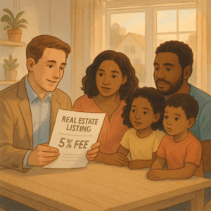 Can I Sell Without a Real Estate Agent in Ontario? Pros and Pitfalls 1 A family and realtor looking at a document with a real estate listing fee.