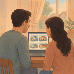 Can I Sell Without a Real Estate Agent in Ontario? Pros and Pitfalls 3 A couple looking at real estate listings on their computer,