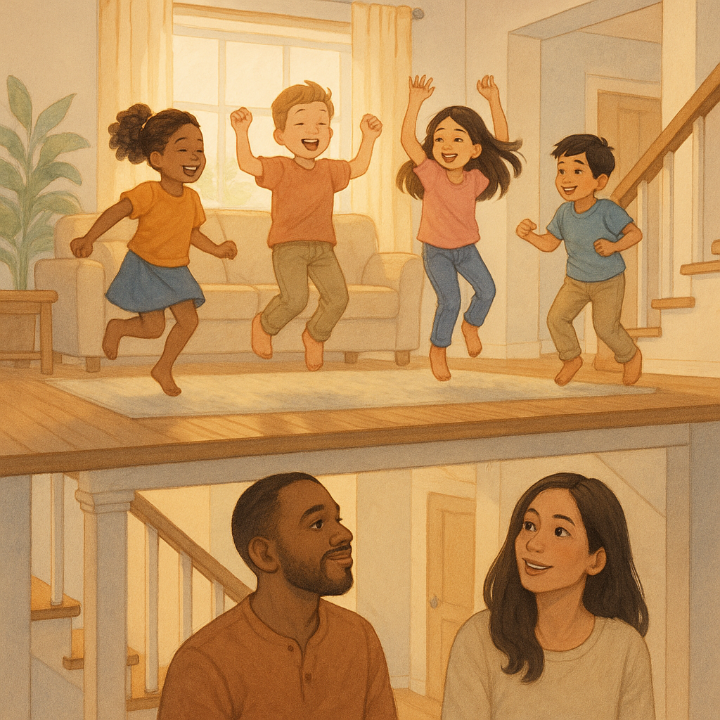 Should You Rent Your Family Home in Toronto? What to Consider Before You Do 2 kids jumping on the top floor of a home with people on the lower level.