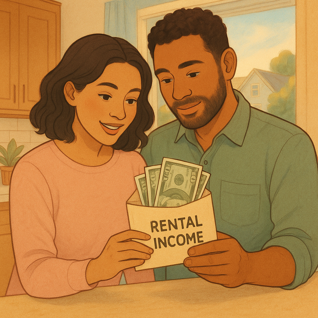 Should You Rent Your Family Home in Toronto? What to Consider Before You Do 3 A couple holding an envelope titled rental income with money inside.