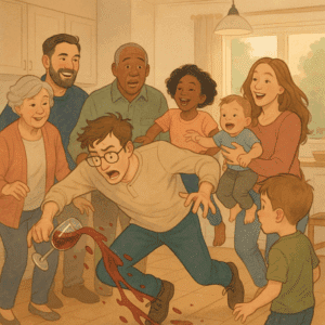 Person tripping and spilling wine in a crowded room.