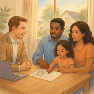 Why Mortgage Brokers Might Be a Better Fit for Upsizing Families Than Big Banks 1 A mortgage professional mapping out options with a family at a table.