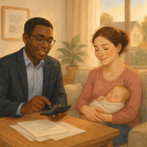 Why Mortgage Brokers Might Be a Better Fit for Upsizing Families Than Big Banks 2 A mortgage advisor running calculations with a new mother sitting beside him holding a baby.