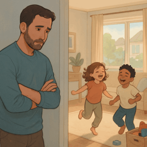 What If We Regret Moving? How to Trust Your Upsizing Decision 3 A concerned parent looking at kids playing in another room.