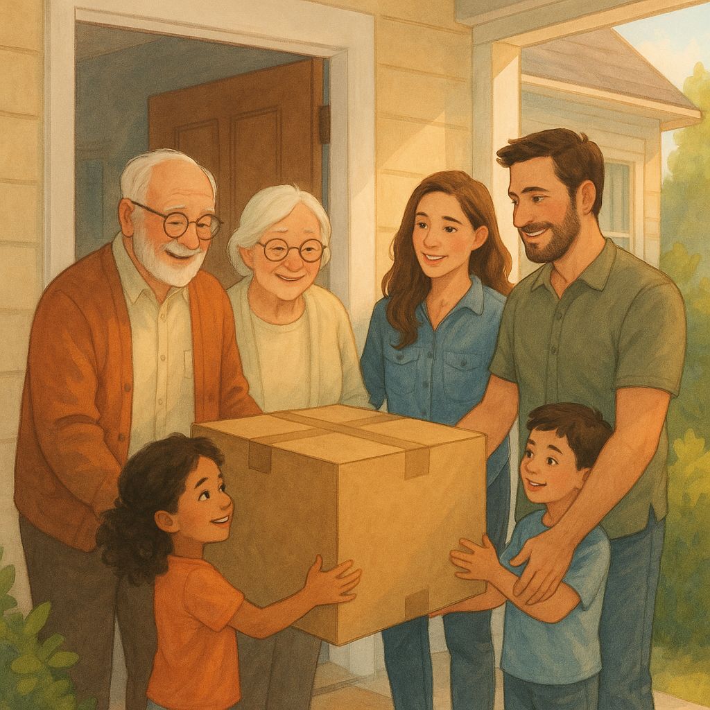 A family helping grandparents carry a moving box outside of the home. 