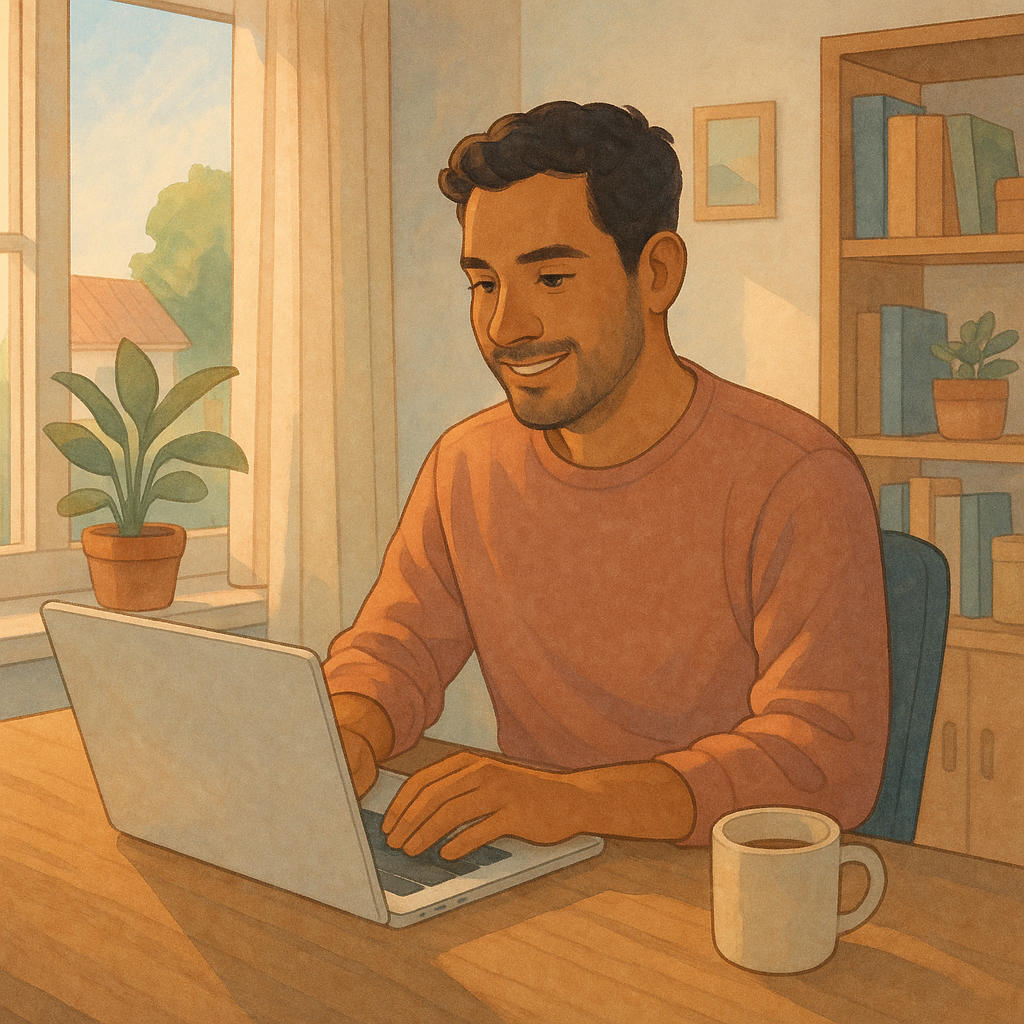 A person working from a laptop in a home office. 