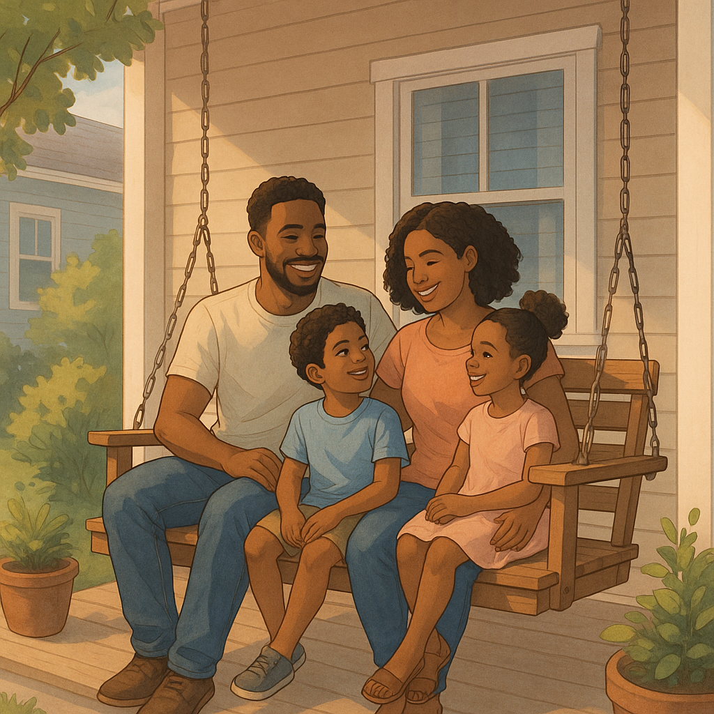 A family sitting on a front porch swing.