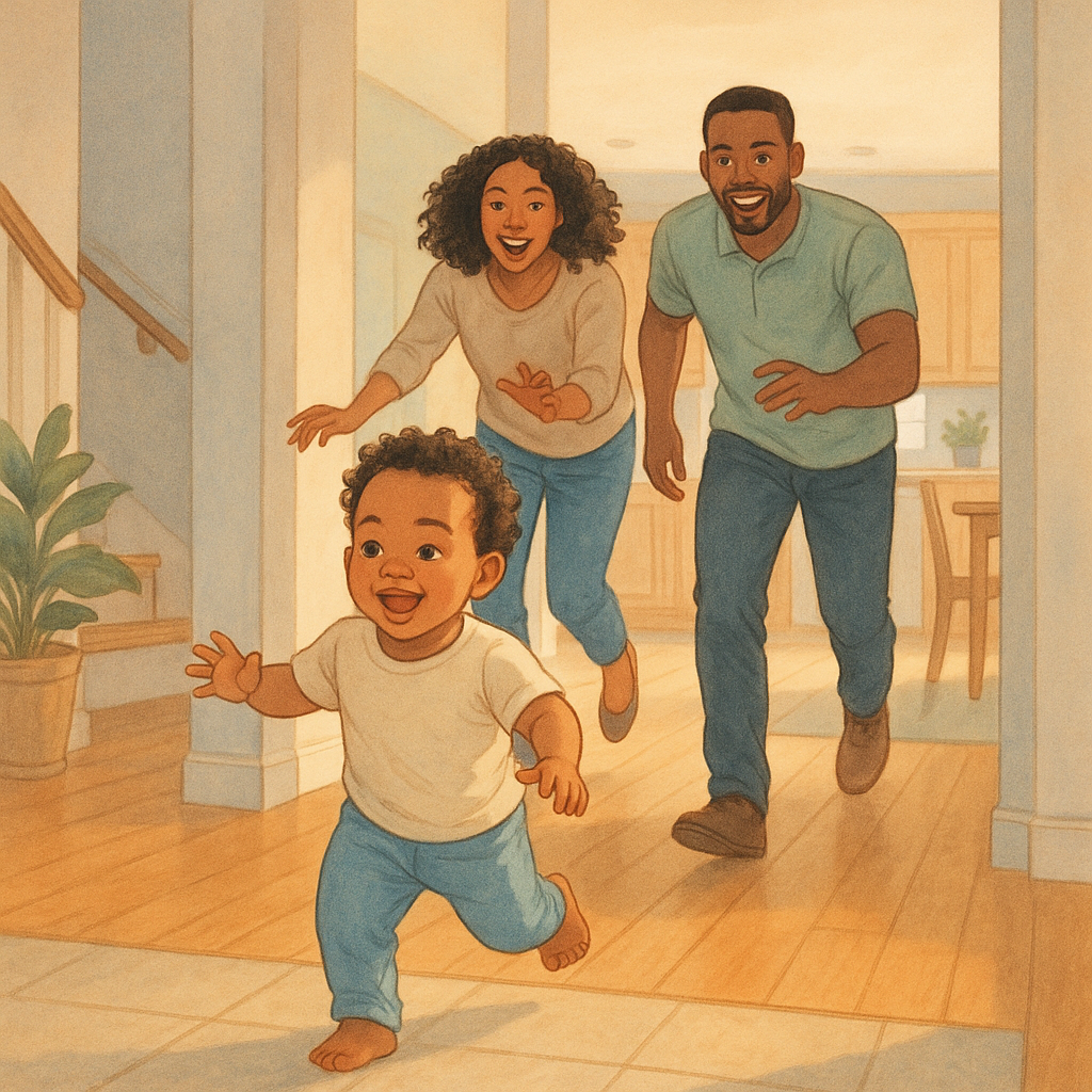 Parents chasing a toddler through the home