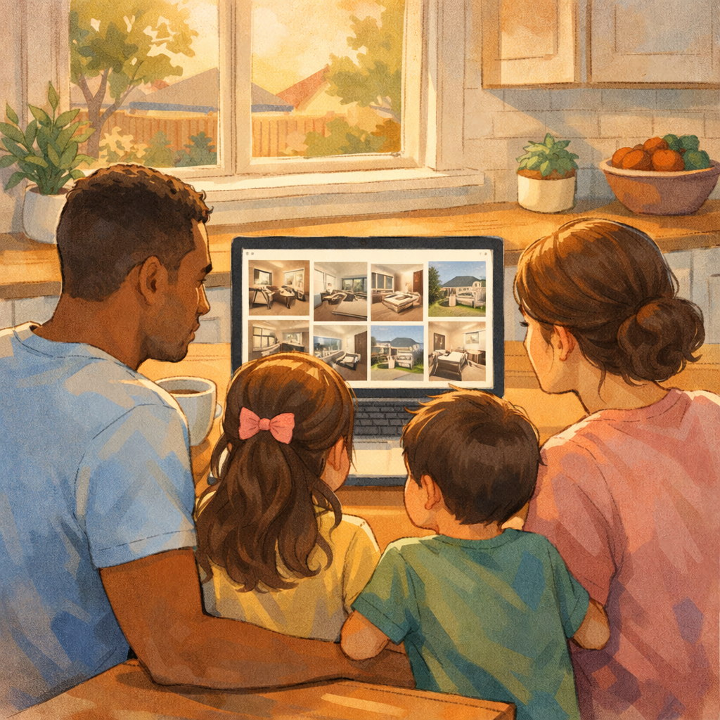 Family looking at a computer screen when they choose a home