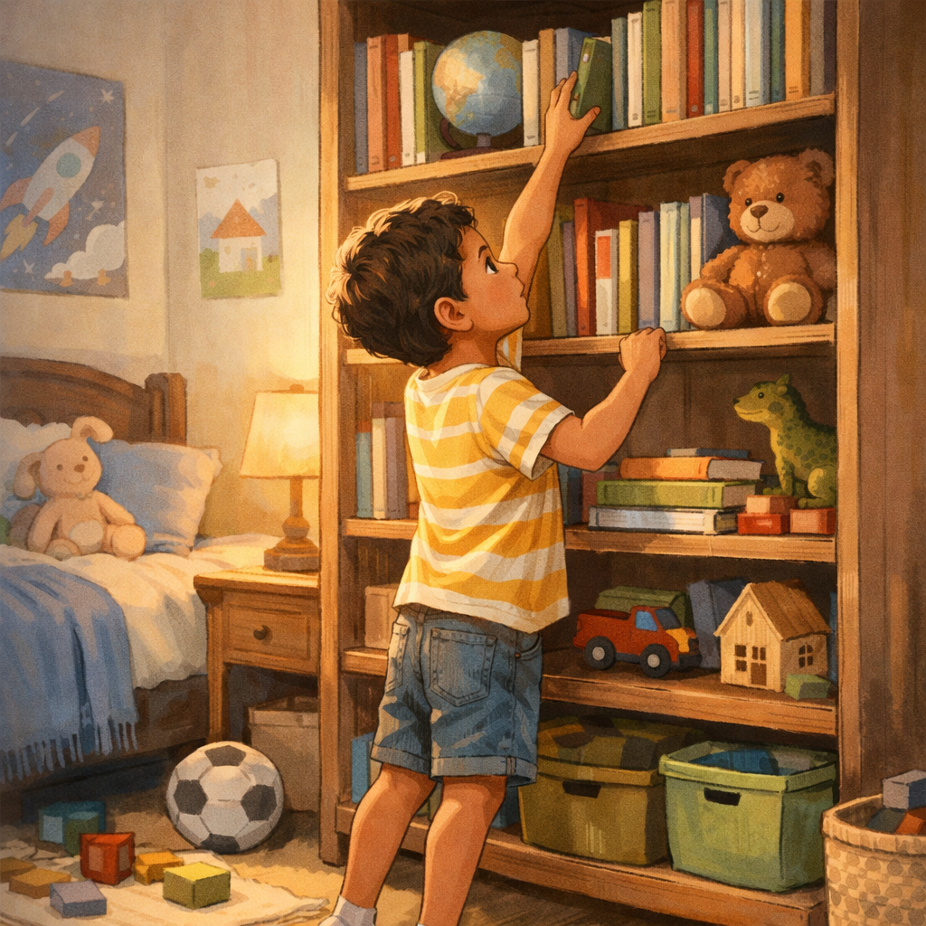 What to Do If Your Kids Aren’t Adjusting to Your New Home 2 A child pulling a book down from a book shelf in his room.