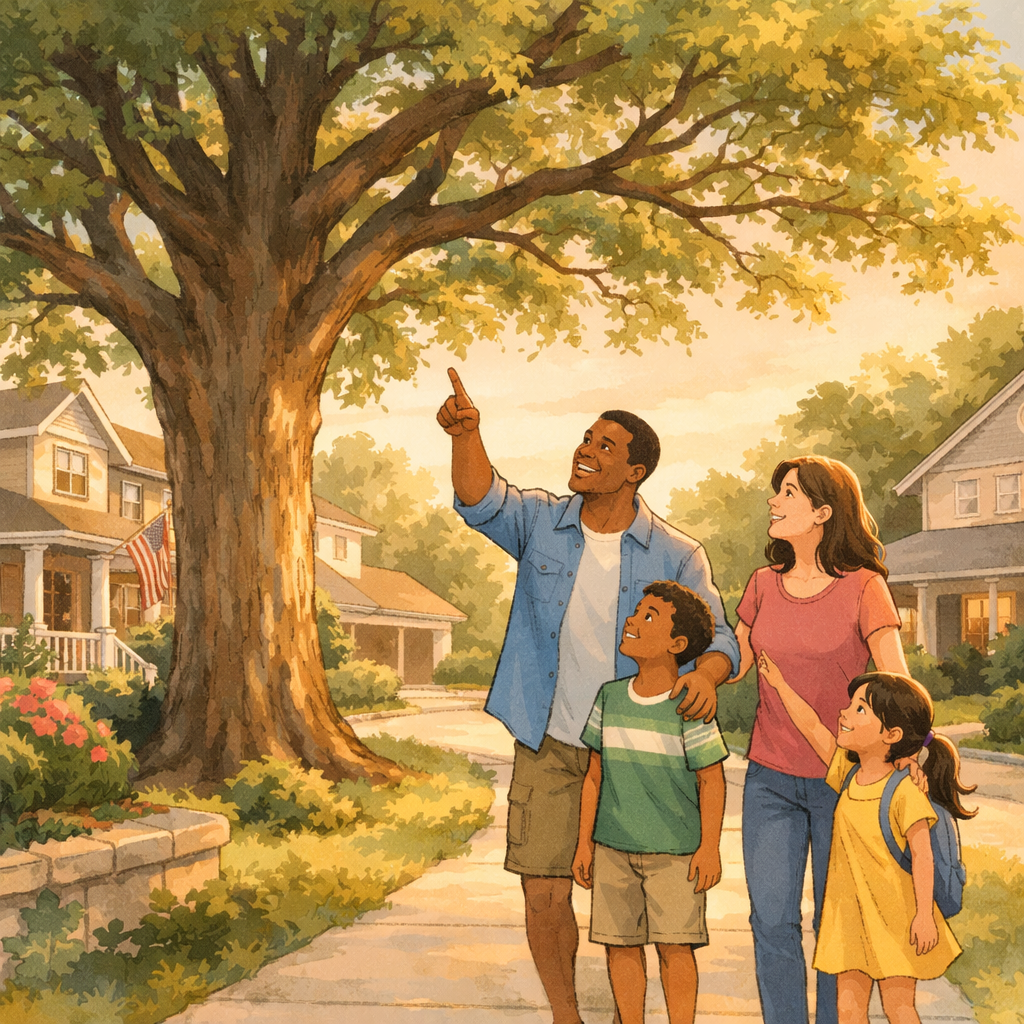 What to Do If Your Kids Aren’t Adjusting to Your New Home 3 A family walking in a neighbourhood pointing at a large tree.