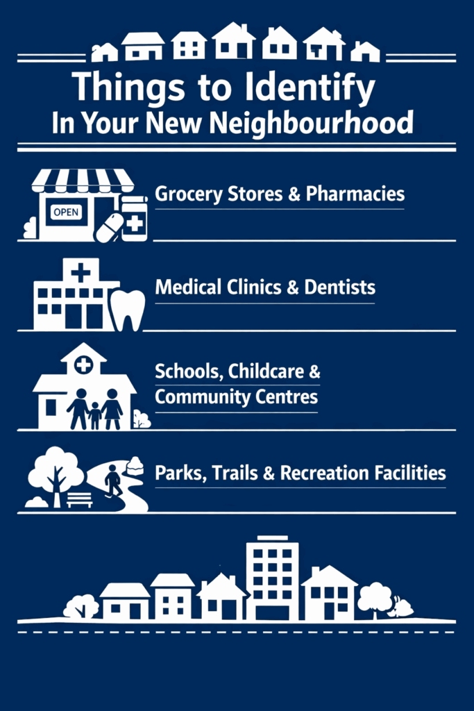 How to Help Your Family Adjust to a New Neighbourhood 2 An infographic on things to identify in your new neighbourhood.