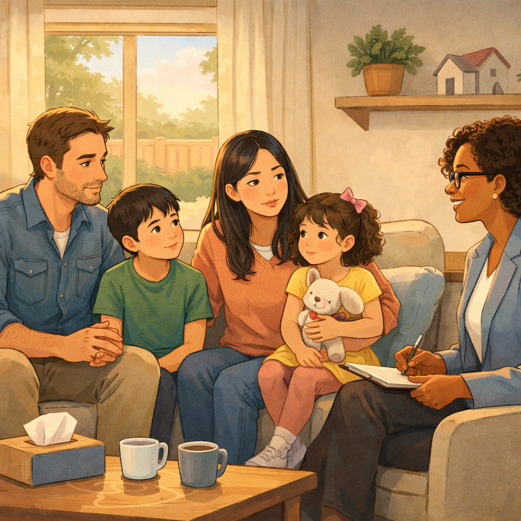 How to Help Your Family Adjust to a New Neighbourhood 3 A family sitting down with a therapist.