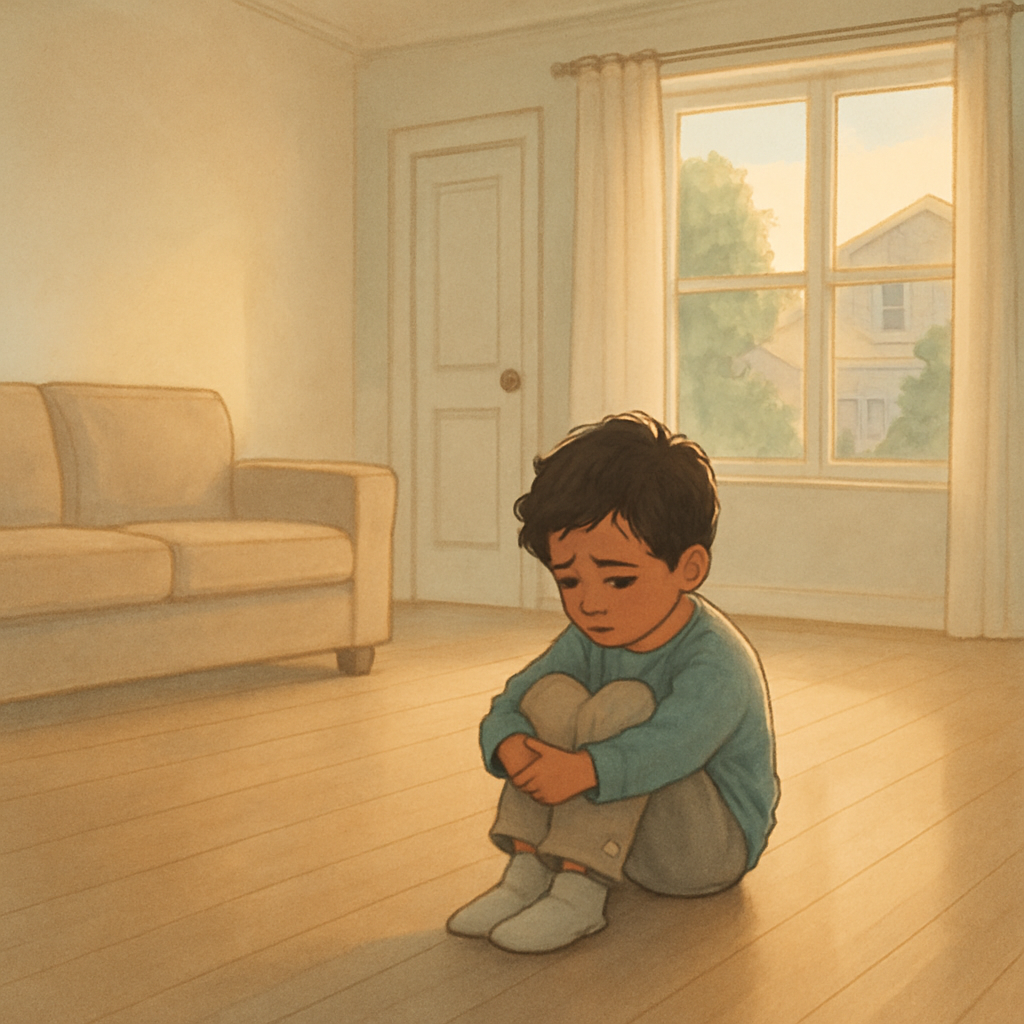 Family Unpacking: The Secrets to Feeling ‘At Home’ Faster When You Upsize 1 A child sitting sad in an empty room.