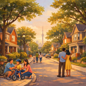 Quiet Toronto Neighbourhoods Families Love for Long-Term Living 1 A tree lined neighbourhood street in Toronto with people walking and playing.