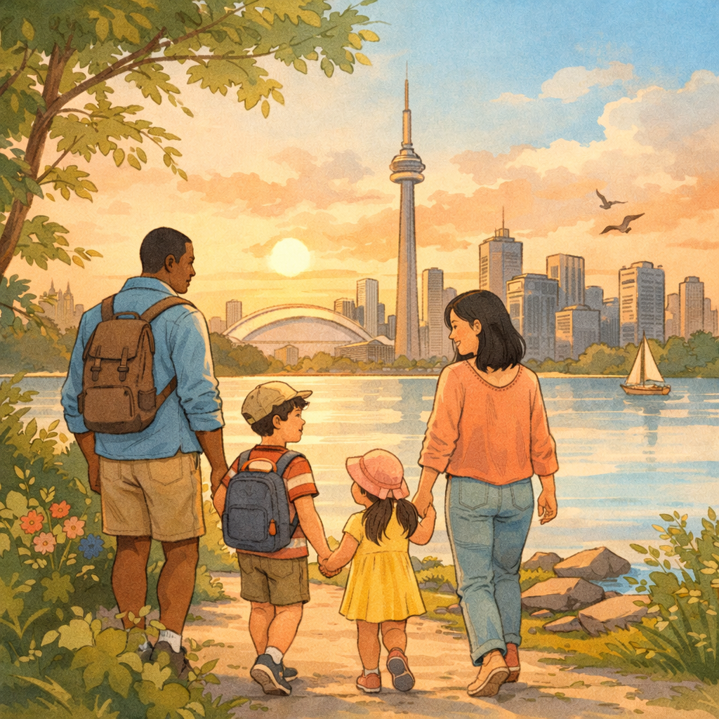 Upsizing From Downtown Toronto: These Are the Top Neighbourhoods Families Choose 3 A family walking on a path near the water with the Toronto skyline in the background.