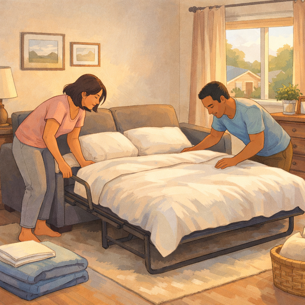How Toronto Families Define “Forever Home” Today 1 A couple transforming a couch into a bed in their guest room.