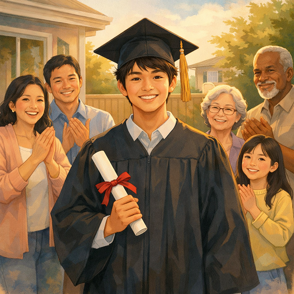 How Toronto Families Define “Forever Home” Today 2 A photo of a highschool graduate with his family cheering in the background.