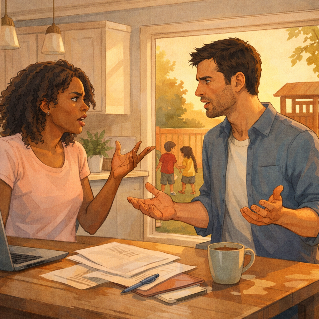How to Make Housing Decisions As a Couple Without Resentment 1 A couple arguing with kids playing in the background.