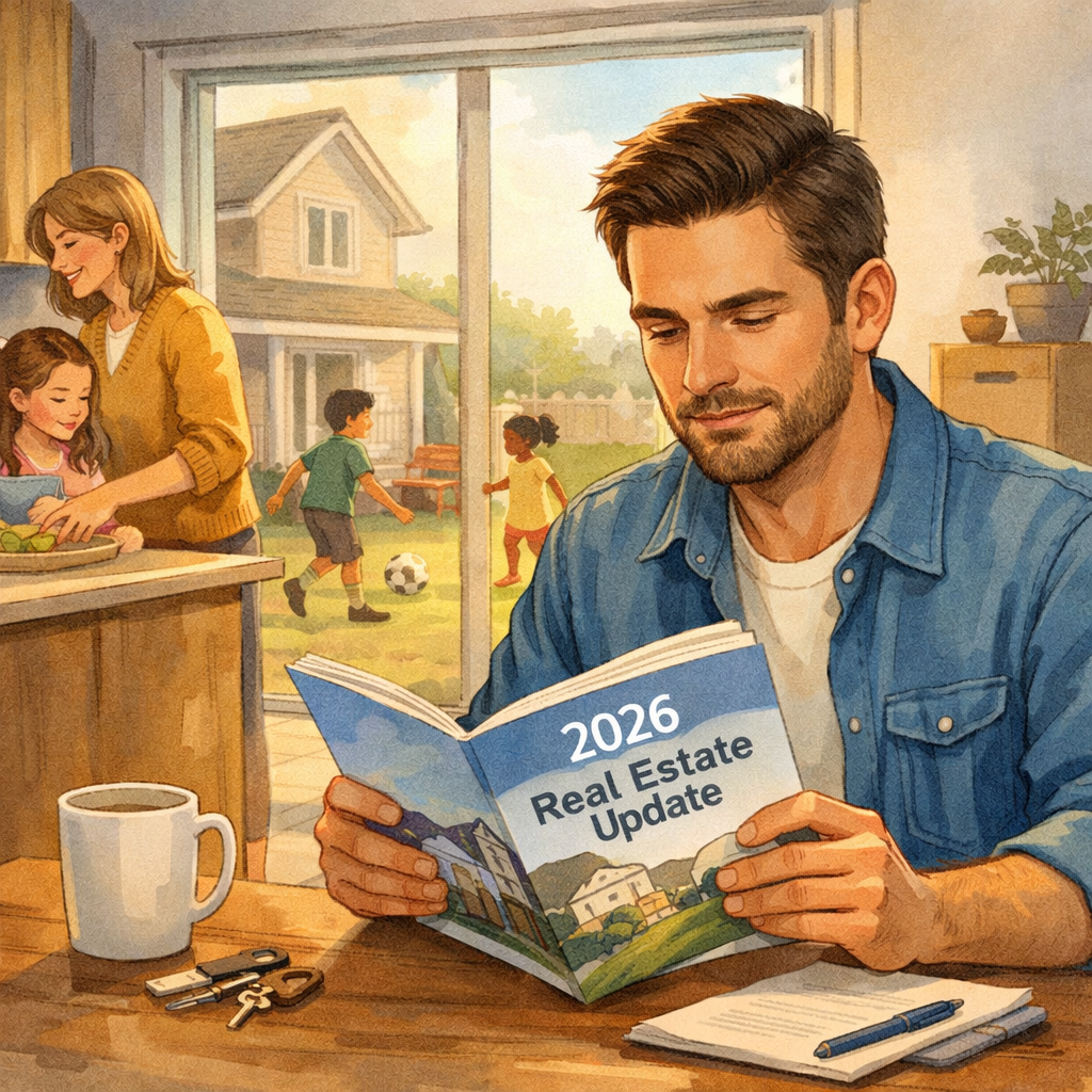 Didn’t Qualify for the Home You Wanted? Here’s What Families Can Do Next 3 A man reading a 2026 Real Estate Update guide with a family in the background.