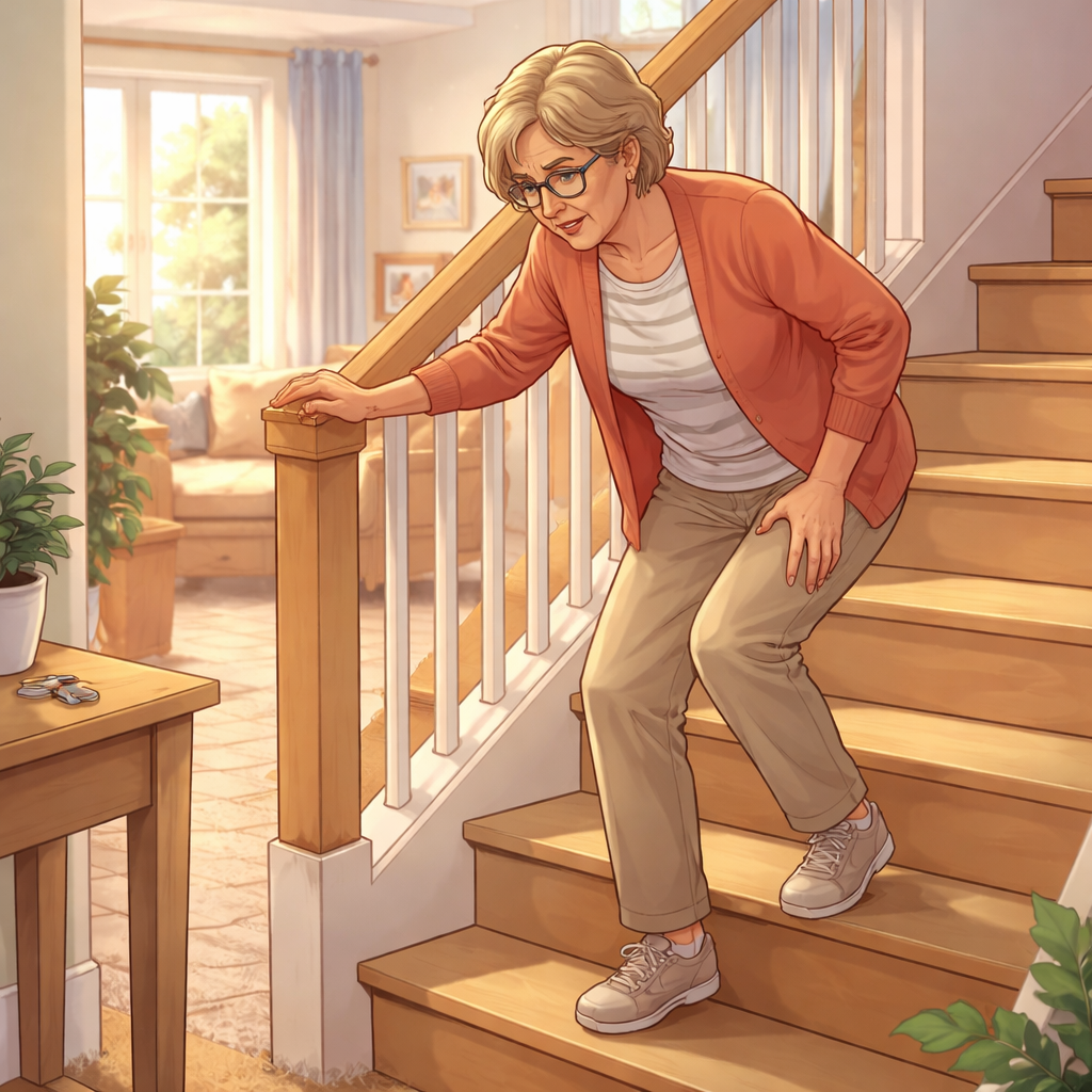 Buying a Home Before Retirement: What to Consider at 55 In Toronto’s Market 1 An older woman carefully walking down the stairs in her home.