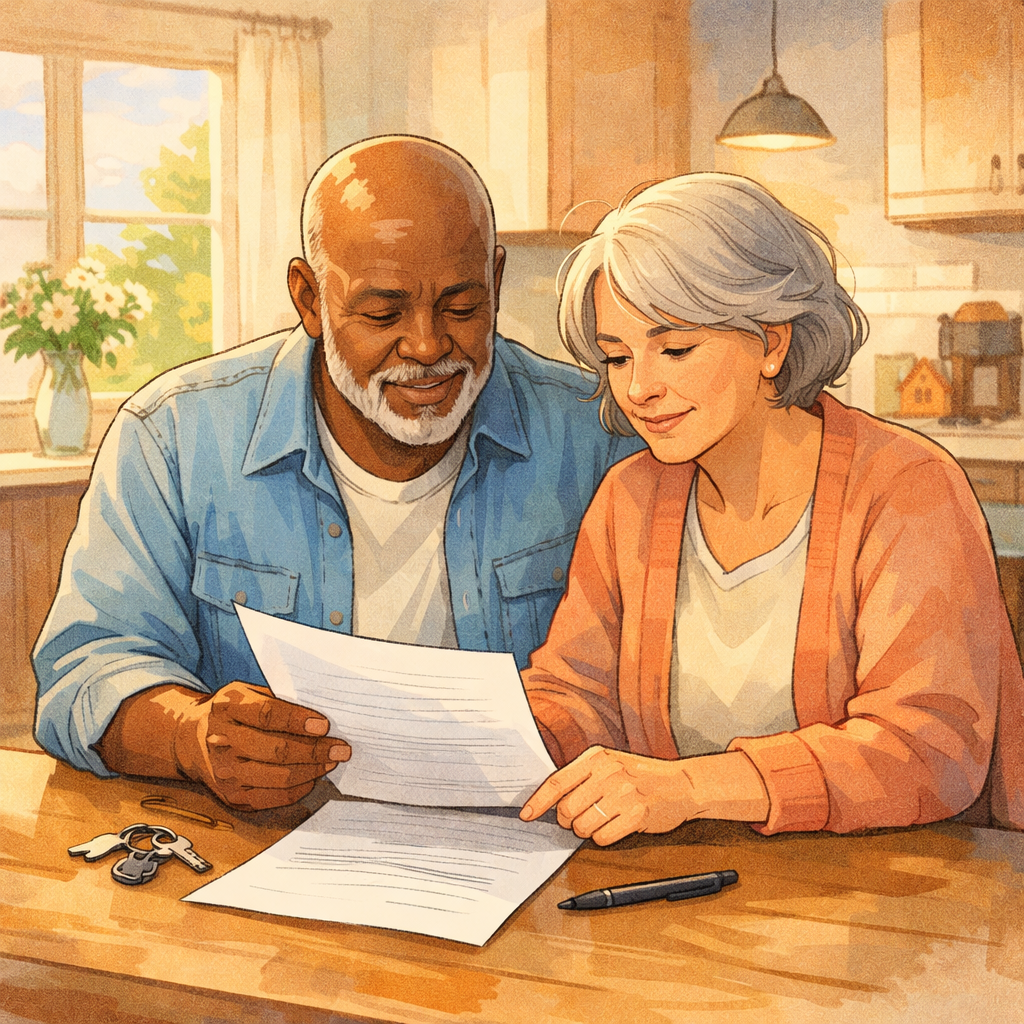 Buying a Home Before Retirement: What to Consider at 55 In Toronto’s Market 2 A retired couple looking at paperwork with keys on the table in their kitchen.