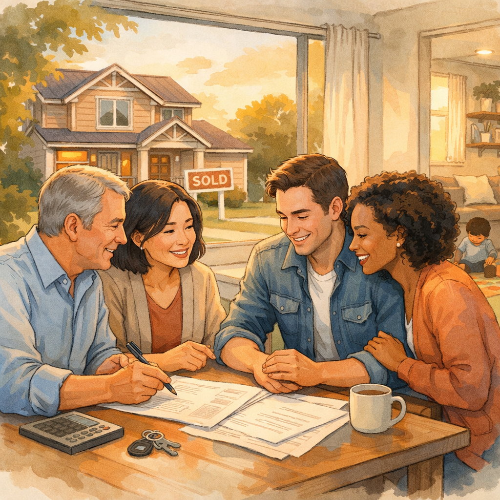 Why Some First-Time Buyers Skip the Starter Home Stage in Toronto 1 Parents helping their adult children review paperwork to purchase a home.