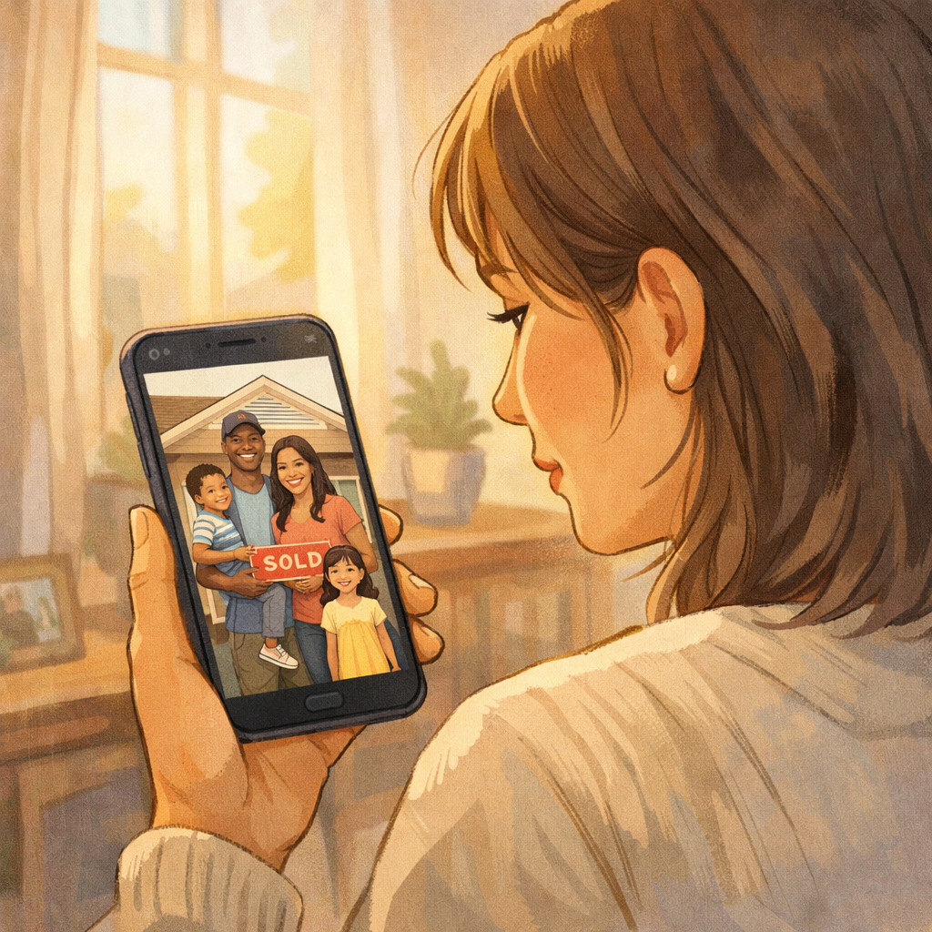 How to Tune Out the Noise and Focus on What Your Family Actually Needs When Upsizing 2 A woman looking at a social media post on her phone of a family who recently purchased a home.