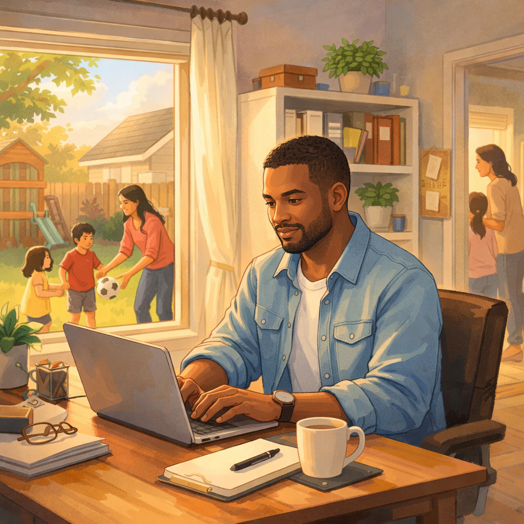 Upsizing in 2026 - What Families Should Be Watching Right Now 2 A man working from home next to a window with his family outside.