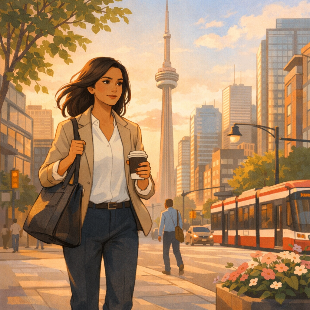 Moving for Lifestyle, Not Family Size 1 Woman walking with a coffee in hand in downtown Toronto.