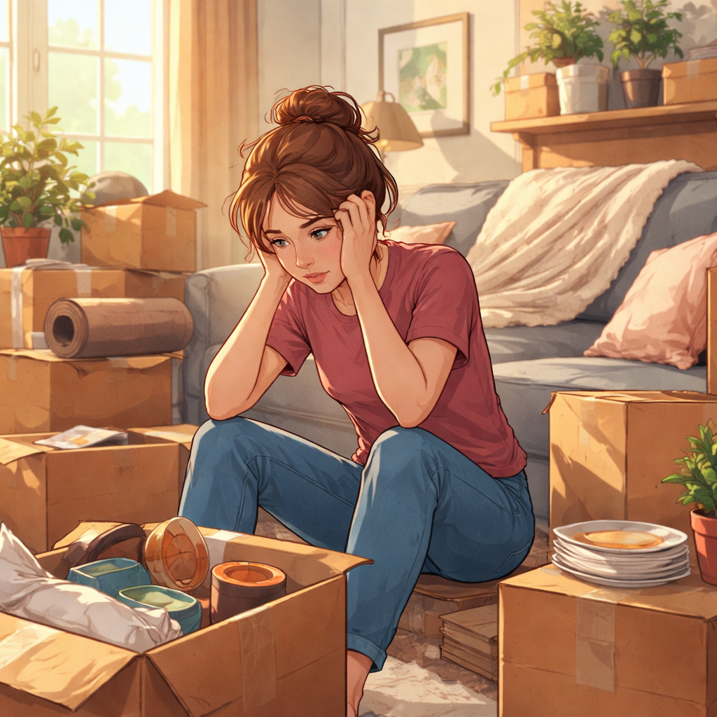 Why Moving Twice Costs More Than Upsizing Once (What GTA Families Should Know) 2 A woman sitting on the floor frustrated with packing.