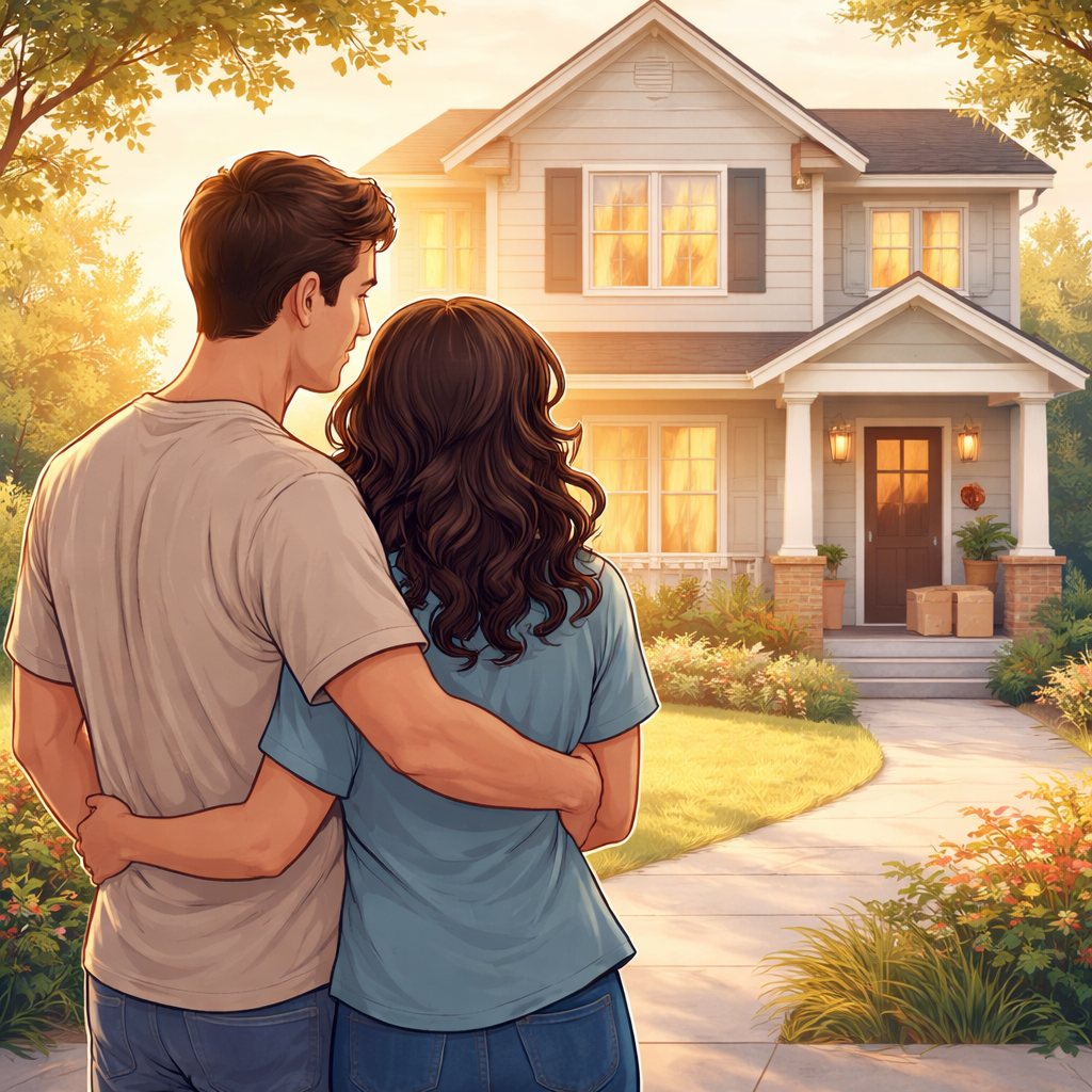 How to Decide Where to Live and Where to Upsize When Buying as Newlyweds 1 A couple looking out to a bigger home while hugging each other.