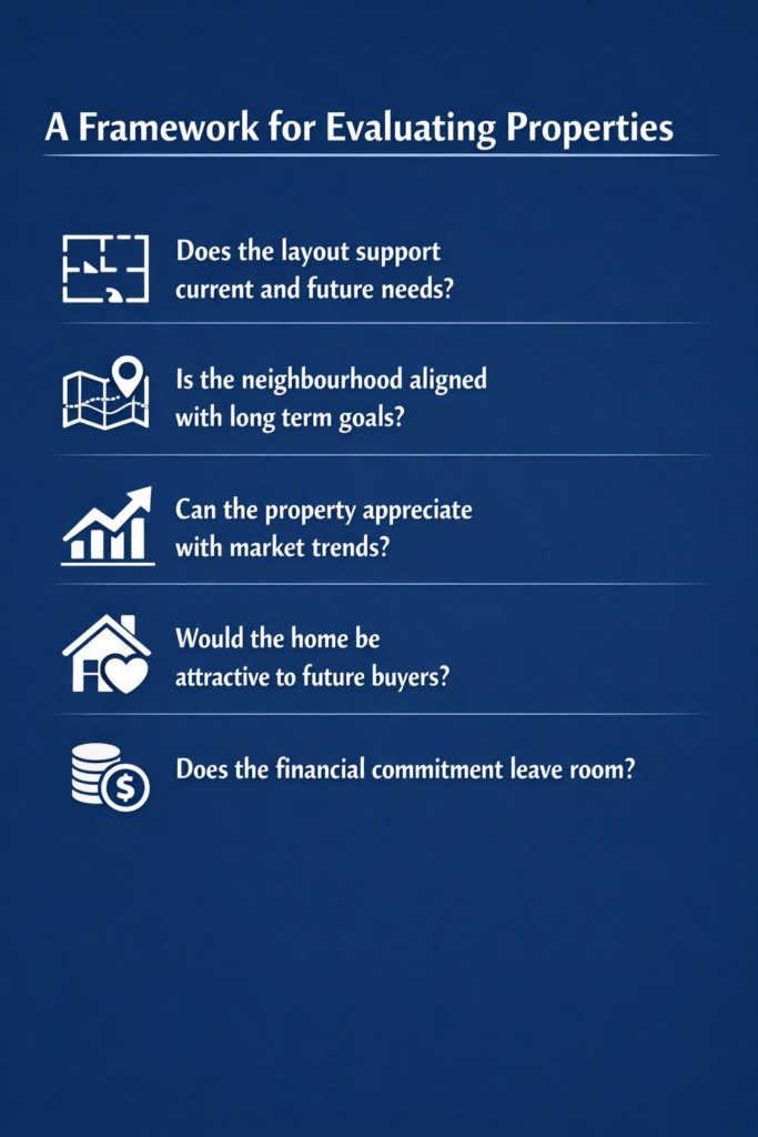 How to Decide Where to Live and Where to Upsize When Buying as Newlyweds 2 A blue and white infographic on a framework for evaluating properties.