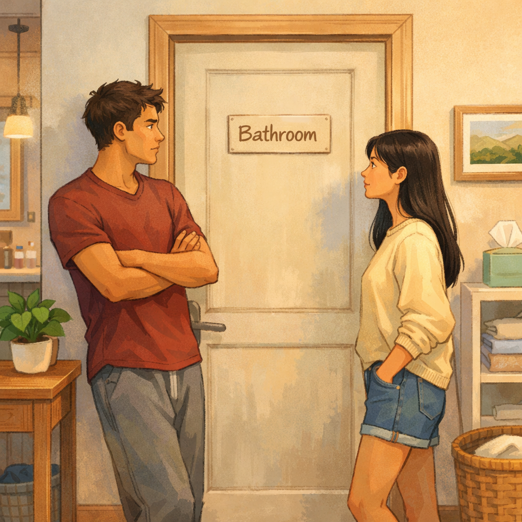 When Adult Children Move Back Home: How Space Needs Change 1 A boy and a girl waiting outside a bathroom door in a home.