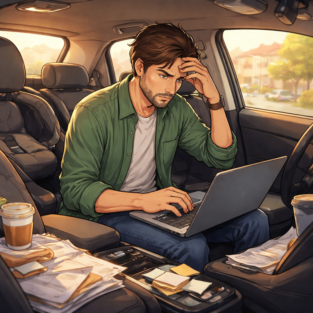 When Adult Children Move Back Home: How Space Needs Change 2 A man working inside his car on his laptop.