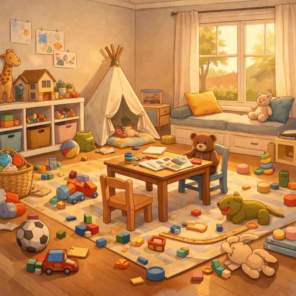 What Families Who Are Upsizing with Toddlers Should Prioritize 1 A messy playroom with toys all over the floor.