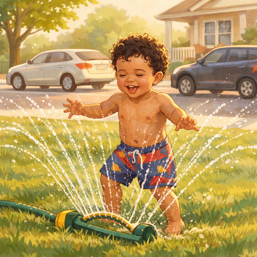 What Families Who Are Upsizing with Toddlers Should Prioritize 2 A toddler playing in a sprinkler on green grass with cars in the background.