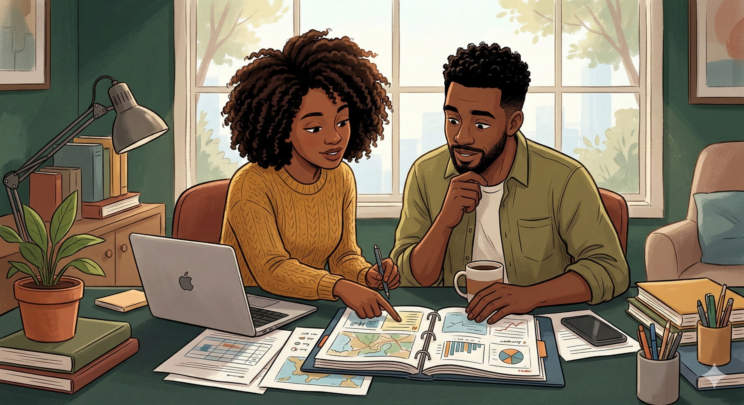 Buying a Home With an Inheritance: How Upsizing Families Turn a Windfall Into a Long-Term Home 2 A couple looking at a binder together in a home office setting.